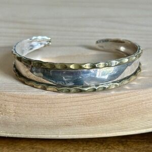 VTG Open Cuff Bracelet 6.5 Inch Mexico Pie Crust Brass Accent 925 Sterling 13.7g